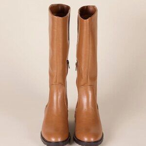 Amazon Essentials Women's Knee High Riding Boot Caramel or Brown Faux Leather